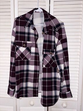 Eden & Olivia Plaid Shacket in Plum, Black and Cream